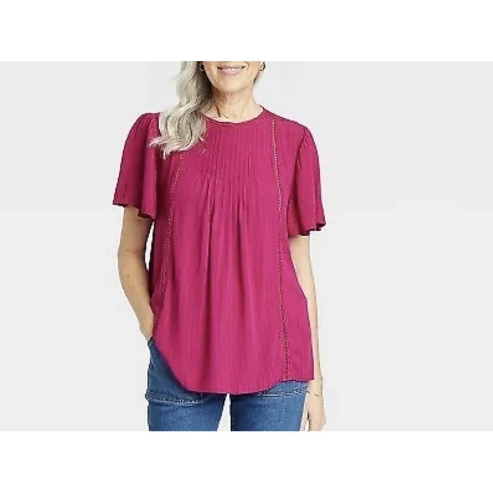 Knox Rose Magenta Pink Flutter Sleeve Pintuck Lace Trim Blouse Top Womens